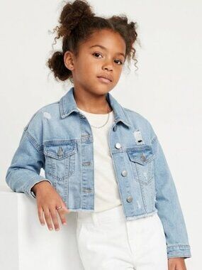 Wonder Nation Cropped Raw Hem Denim Jacket Distressed Blue Girls S 6-6X